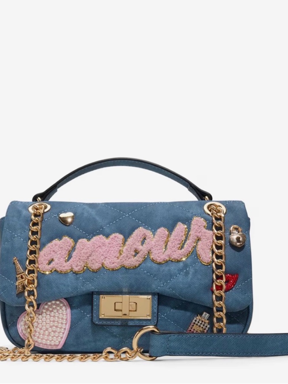 ALDO Honeoye Satchel Quilted Blue Denim Shoulder Bag with Pink 'Amour' patch